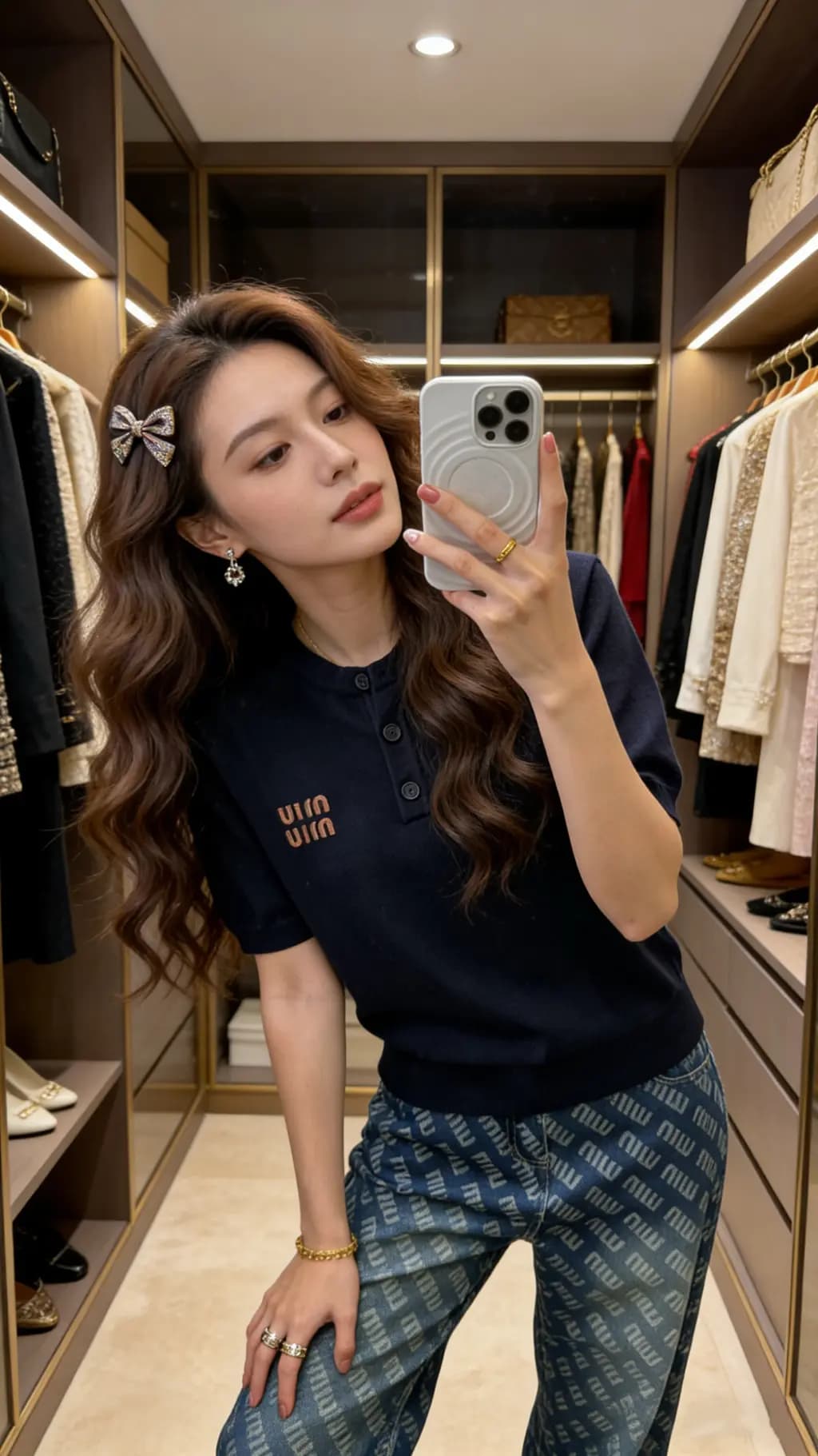 미우미우 미우미우 로고 패치 니트 반팔 폴로 티셔츠 상세 이미지