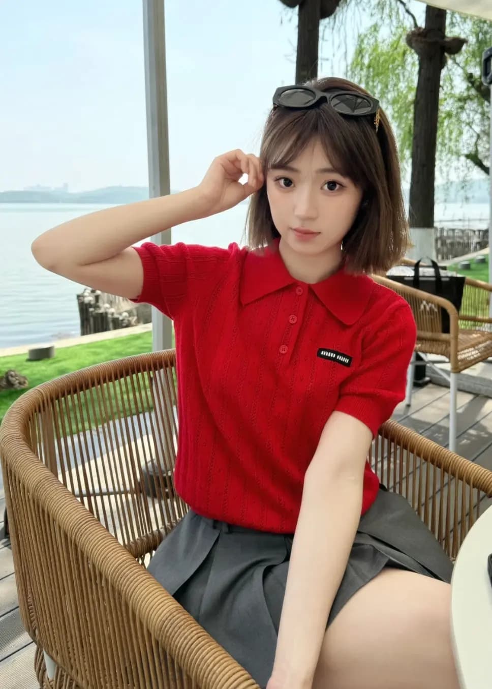 미우미우 미우미우 캐시미어 실크 혼방 폴로 셔츠 상세 이미지
