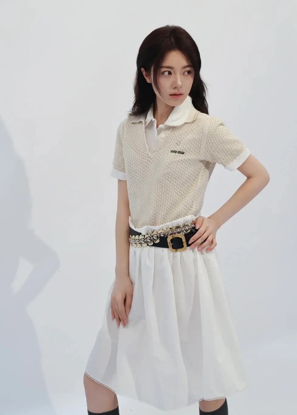 미우미우 미우미우 스캘럽 헴 린넨 블렌드 미니 스커트 상세 이미지