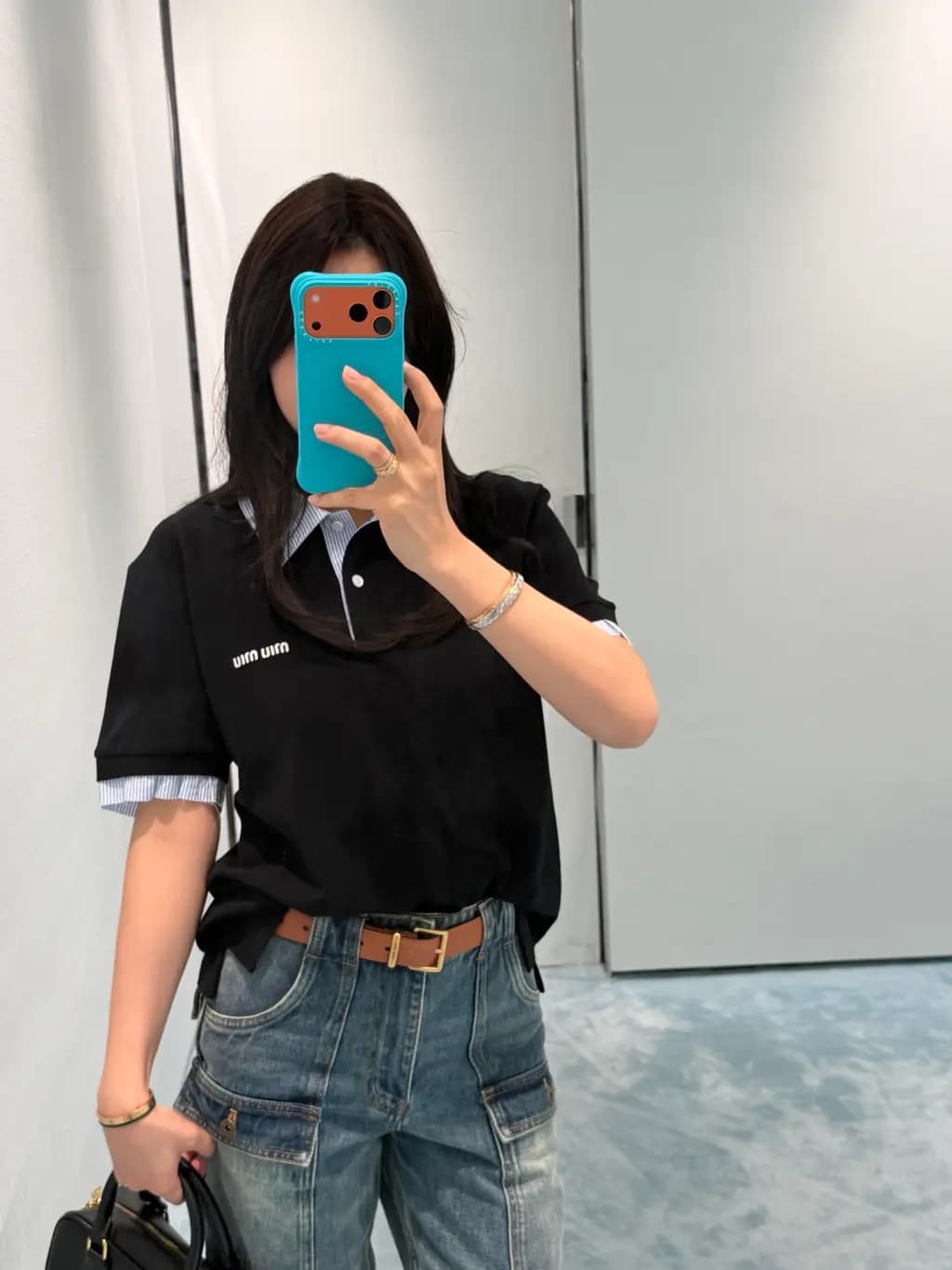 미우미우 미우미우 스트라이프 칼라 포인트 피케 폴로 티셔츠 상세 이미지
