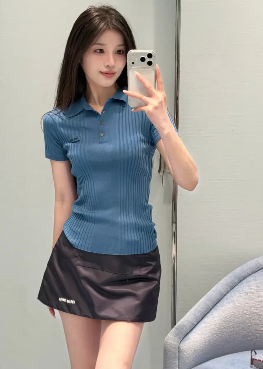 미우미우 미우미우 리브드 폴로 반팔 티셔츠 상세 이미지