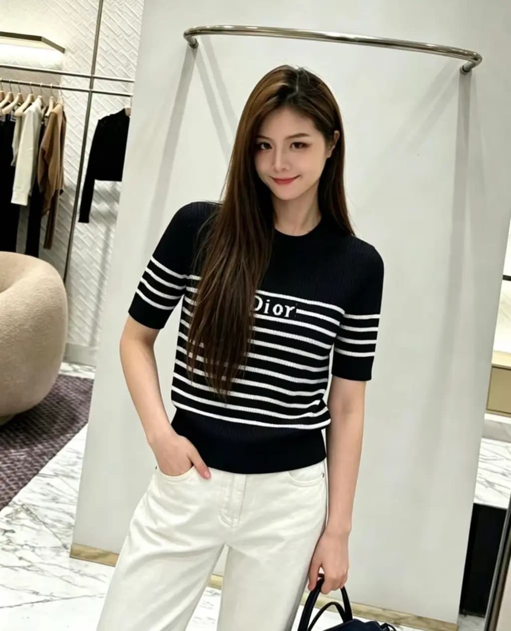 디올 디올 스트라이프 리브드 크루넥 반팔 니트 상세 이미지