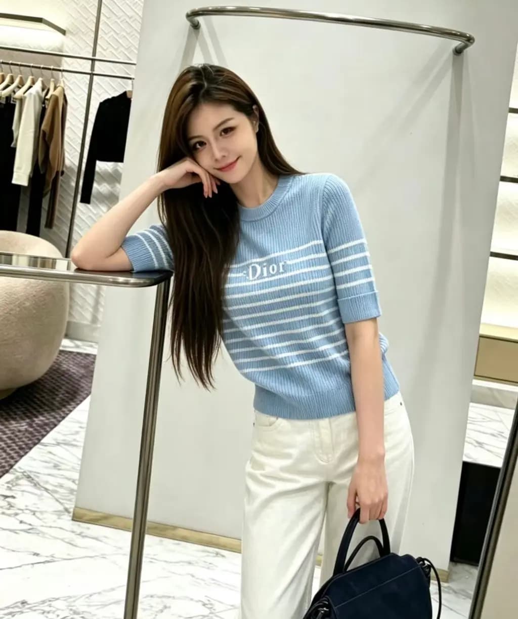 디올 디올 스트라이프 리브드 크루넥 반팔 니트 상세 이미지