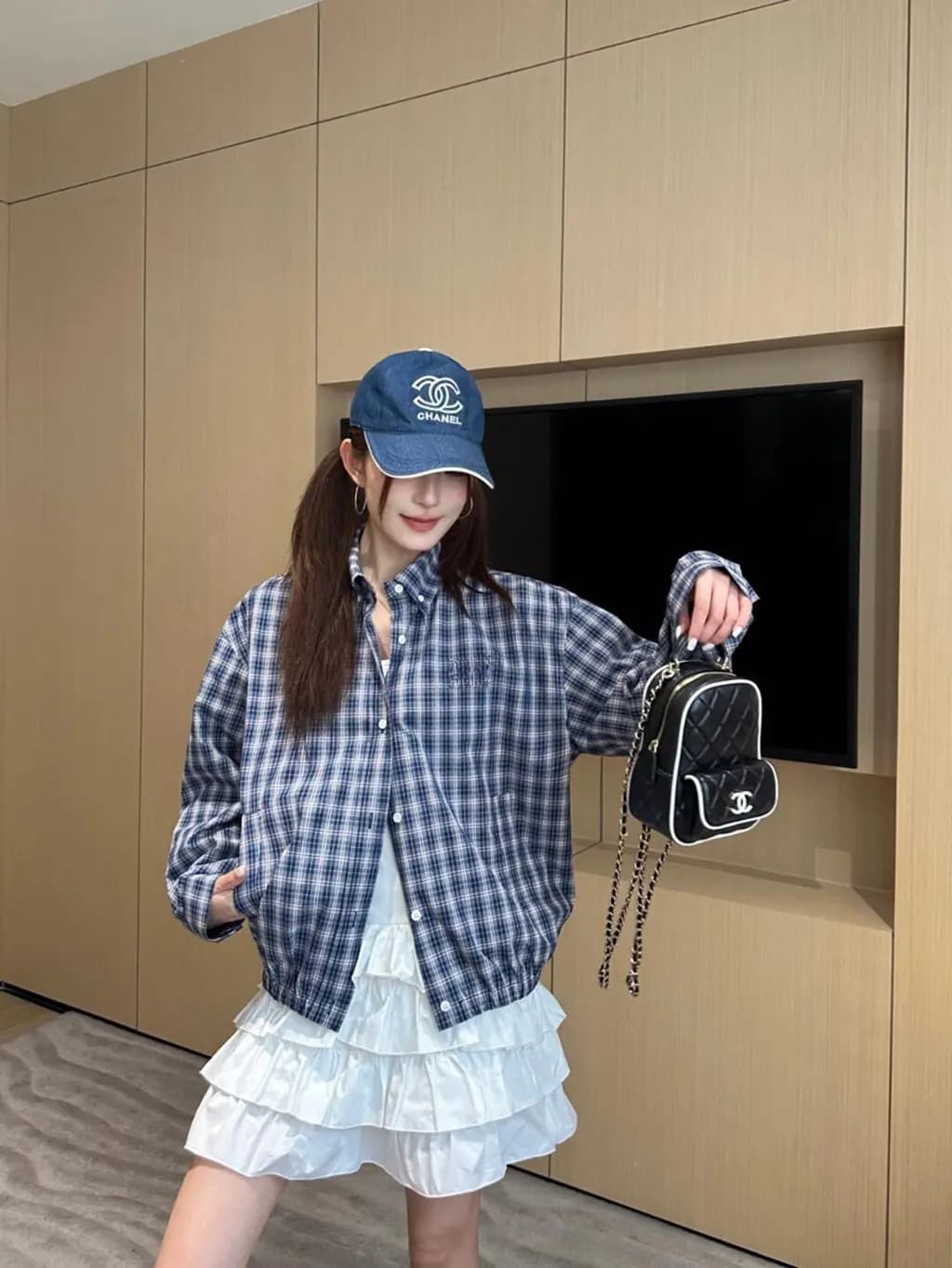 미우미우 미우미우 블루 체크 코튼 봄버 셔츠 자켓 상세 이미지
