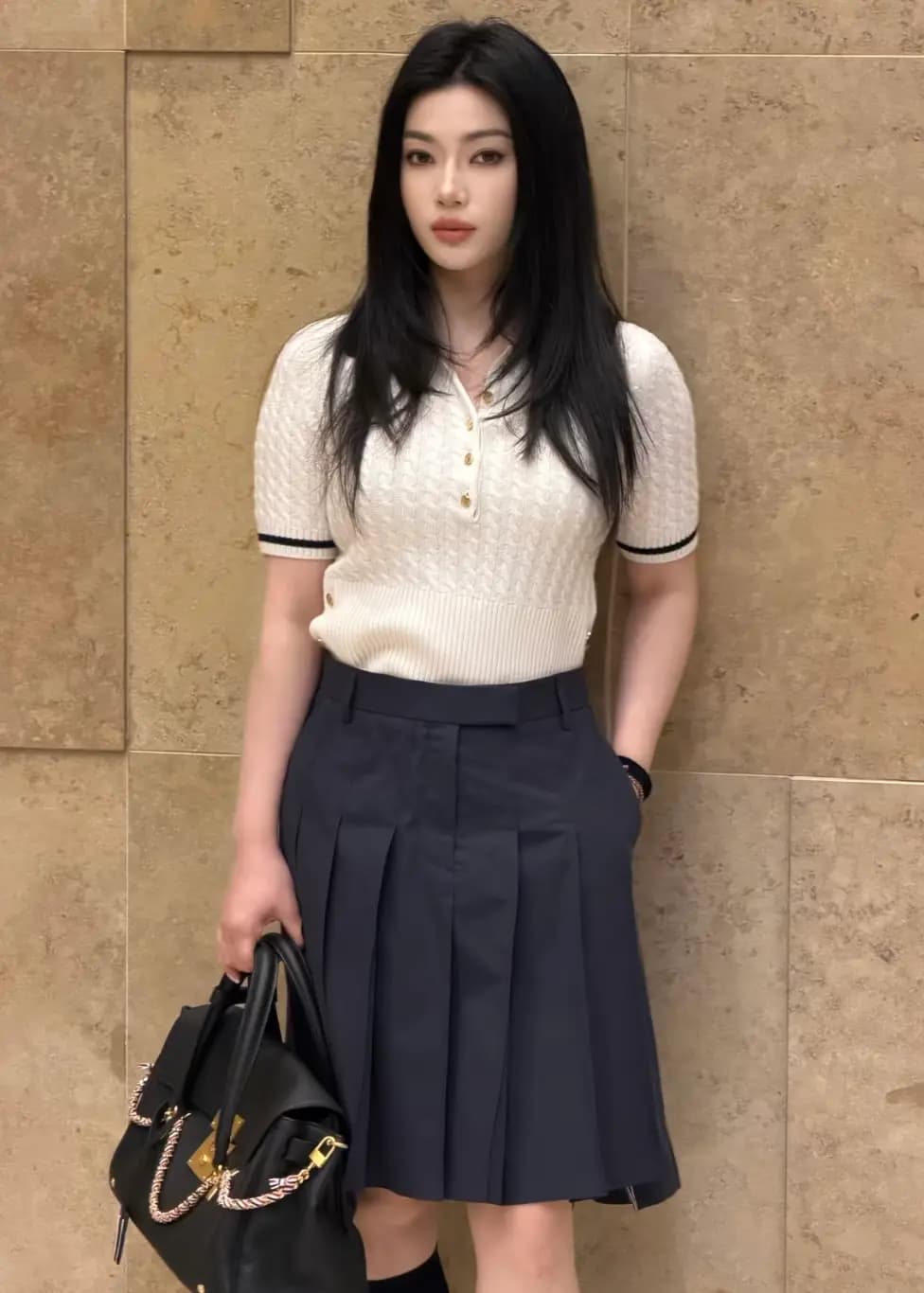 톰브라운 톰브라운 100% 캐시미어 케이블 니트 폴로 셔츠 상세 이미지