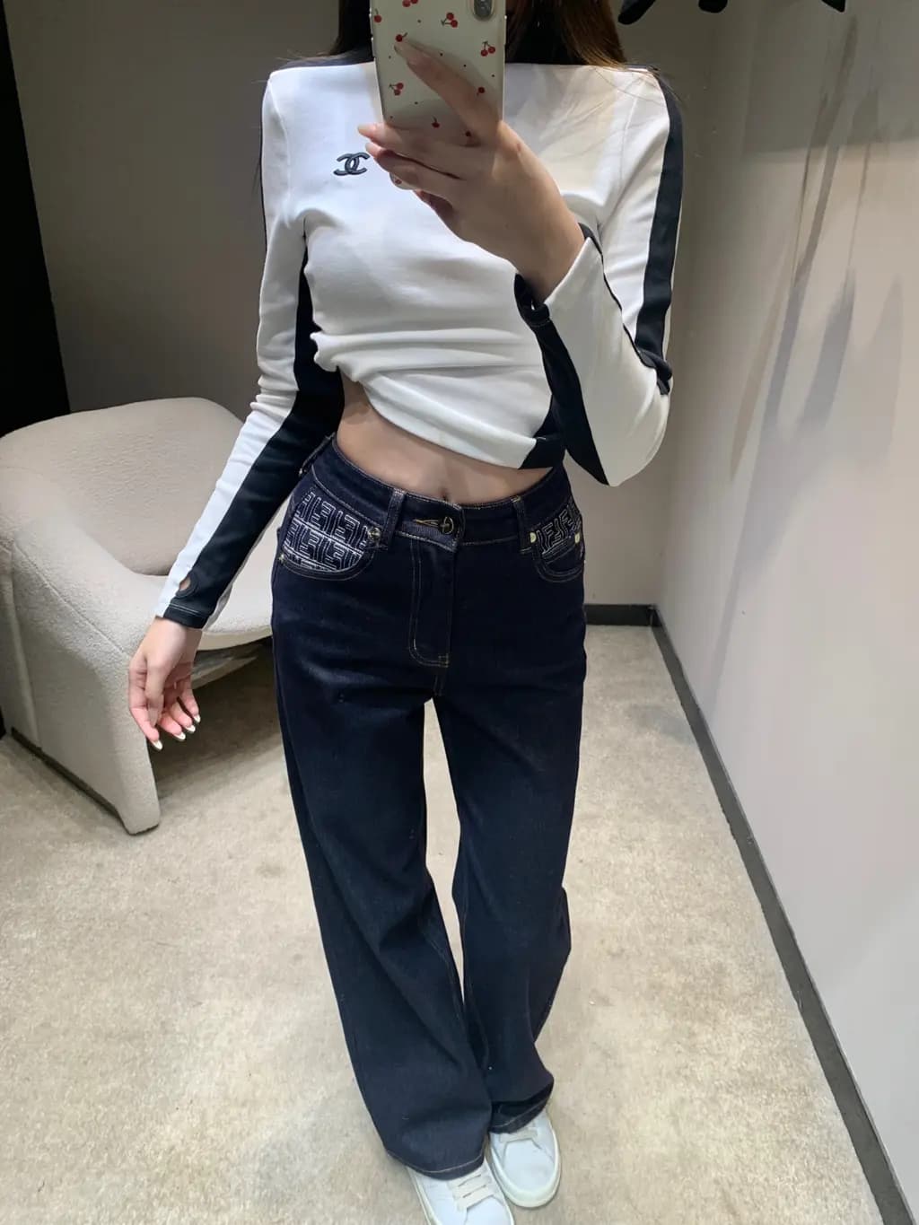 펜디 펜디 FF 자수 와이드 데님 팬츠 상세 이미지