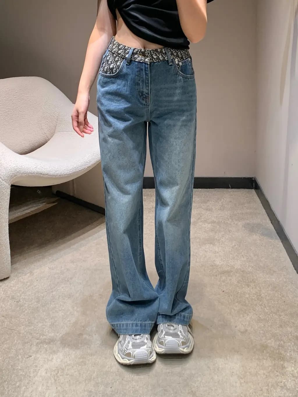 디올 오블리크 패턴 와이드 데님 팬츠