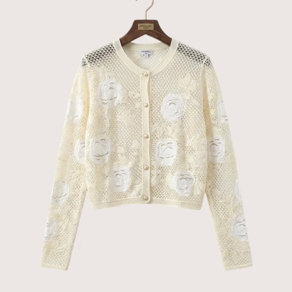 CHANEL 오픈워크 레이스 니트 카디건