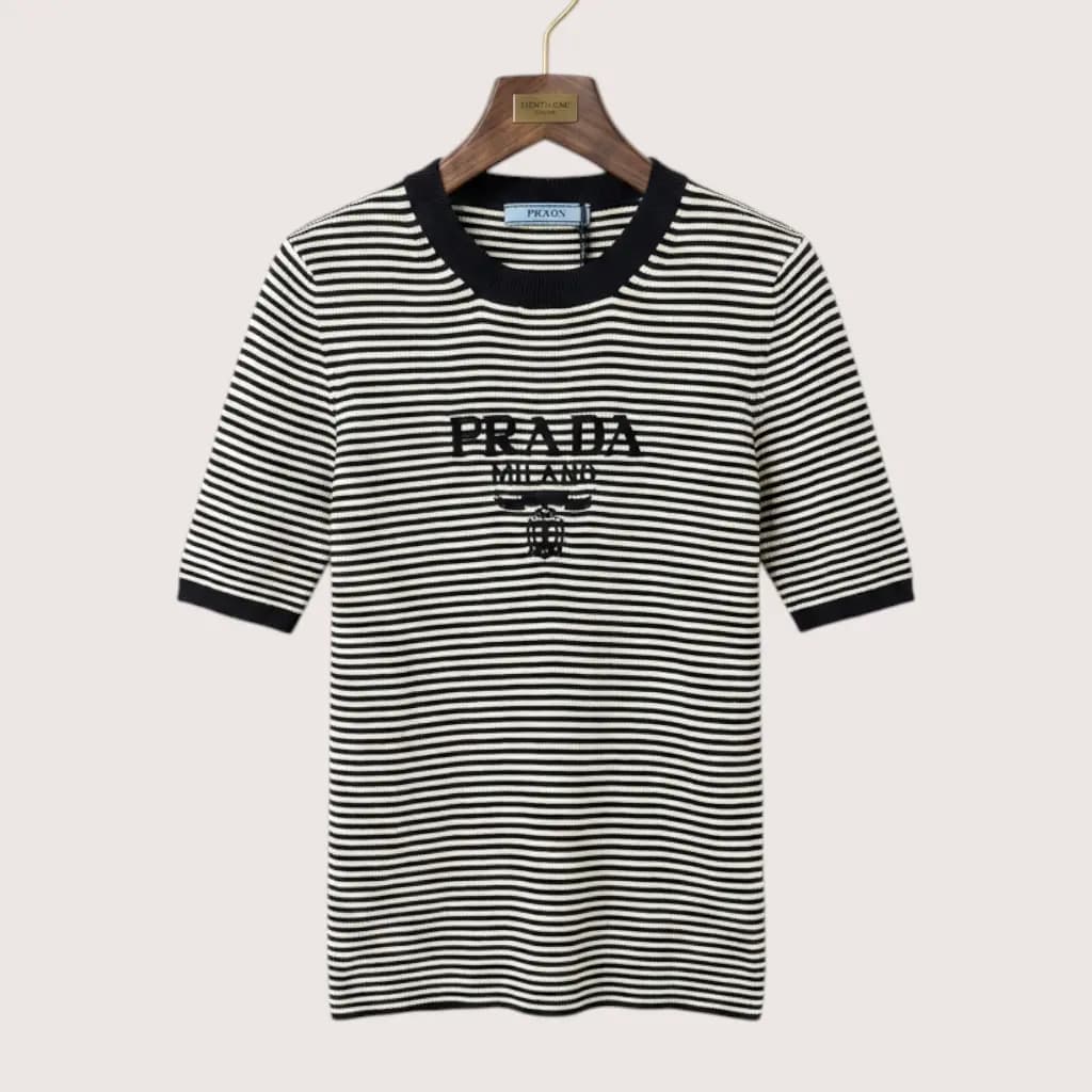 PRADA 스트라이프 실크 니트 반팔 티셔츠