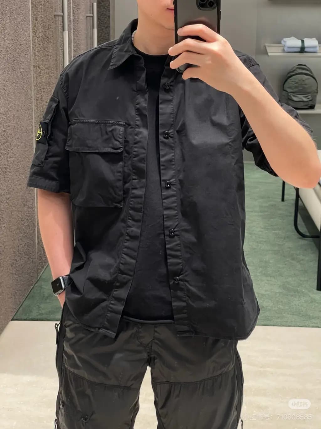 스톤아일랜드 STONE ISLAND 컴퍼스 로고 워크웨어 쇼츠leeve 셔츠 상세 이미지