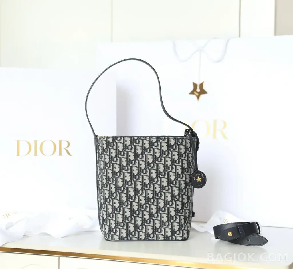 디올 디올 Diorstar 스몰 버킷백 블루 오블리크 자카드 상세 이미지