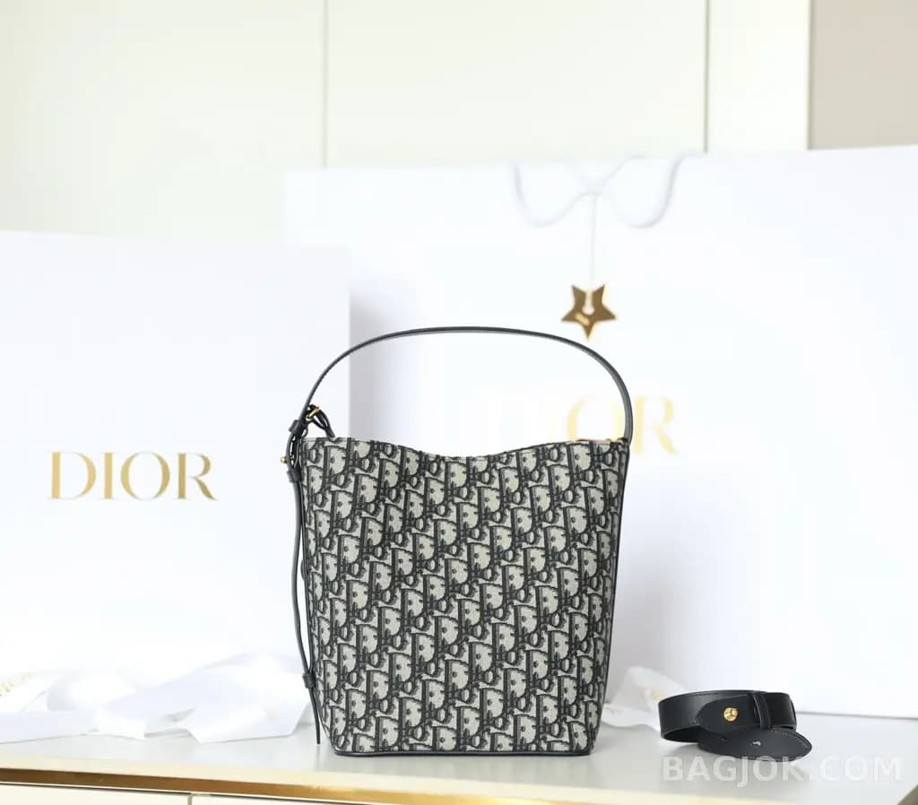 디올 디올 Diorstar 스몰 버킷백 블루 오블리크 자카드 상세 이미지