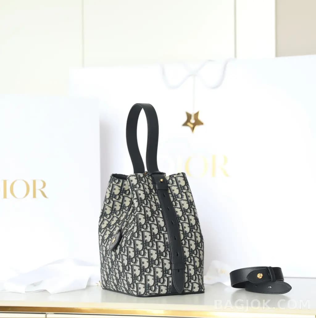 디올 디올 Diorstar 스몰 버킷백 블루 오블리크 자카드 상세 이미지