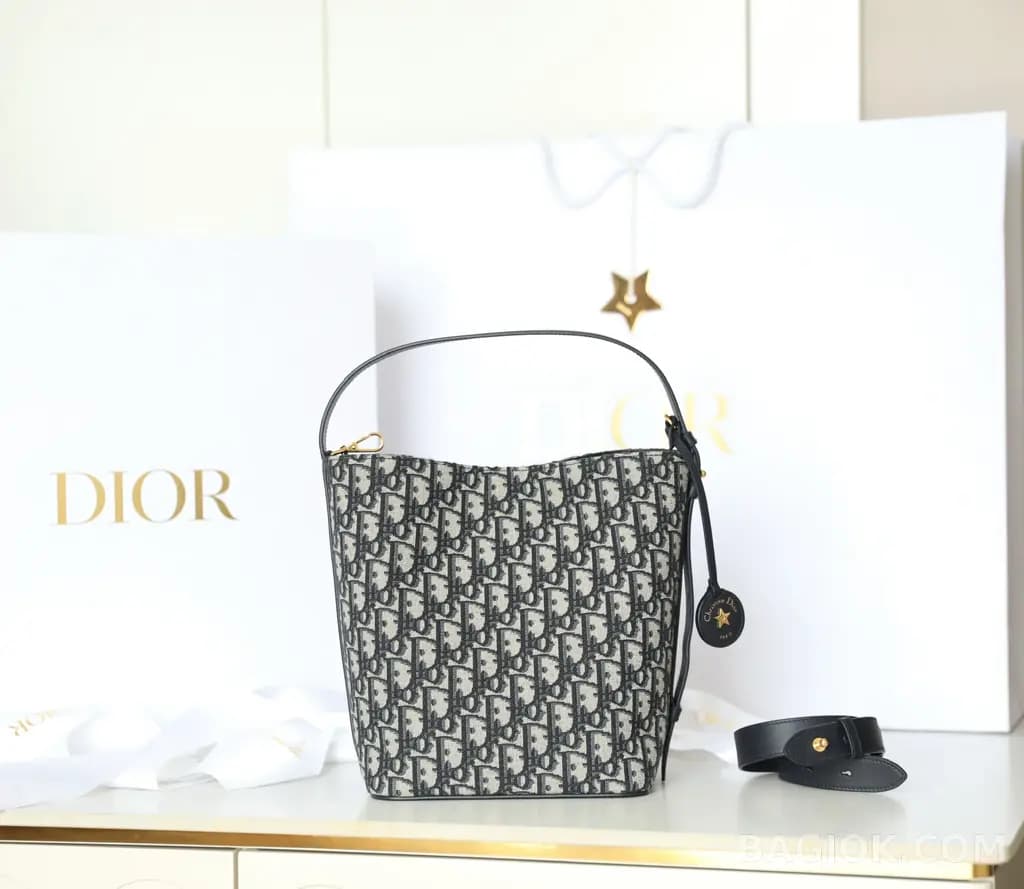 디올 디올 Diorstar 스몰 버킷백 블루 오블리크 자카드 상세 이미지